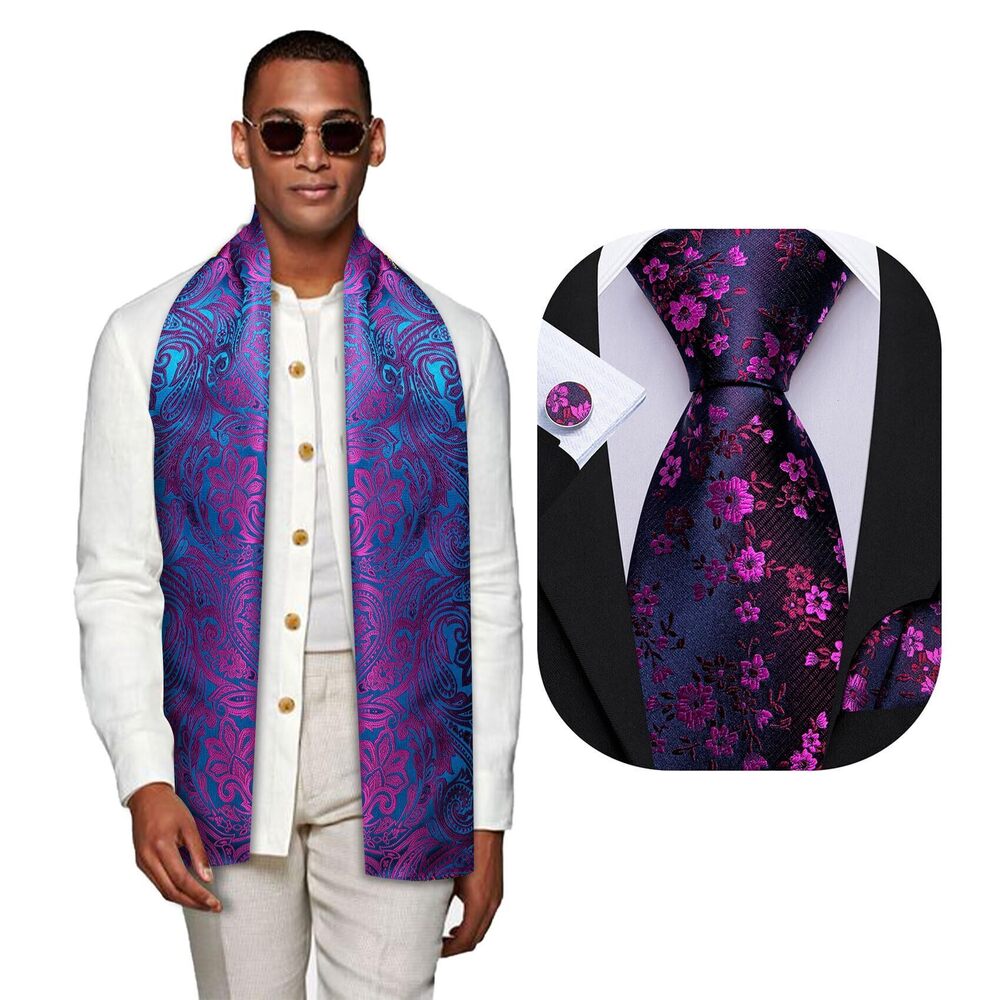 1979 Hot Pink Blue Scarf and Tie Floral Silk Necktie Pocket Square